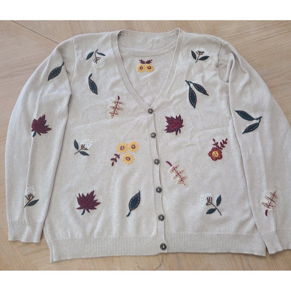 Unbranded Cardigan Twin Set Women Large Beige Good Vintage Embroidered Floral